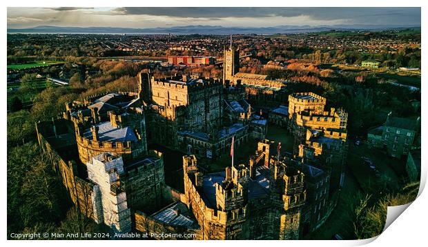 Aerial view of an ancient castle in Lancaster at sunset with lush greenery and a town in the background. Print by Man And Life