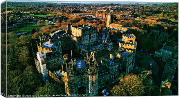 Aerial view of the Lancaster castle surrounded by lush greenery in a quaint town during sunset. Canvas Print by Man And Life