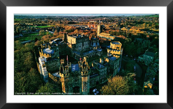 Aerial view of the Lancaster castle surrounded by lush greenery in a quaint town during sunset. Framed Mounted Print by Man And Life