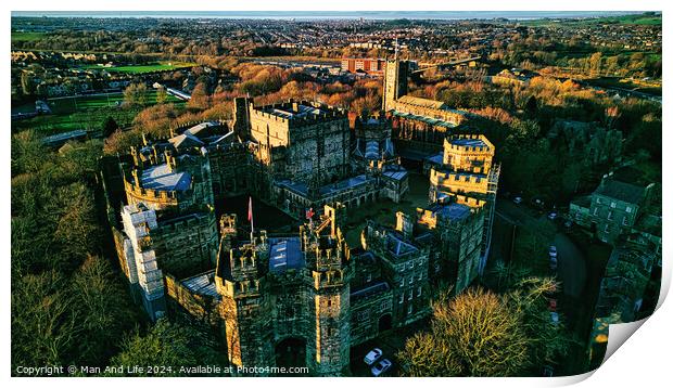 Aerial view of the Lancaster castle surrounded by lush greenery in a quaint town during sunset. Print by Man And Life