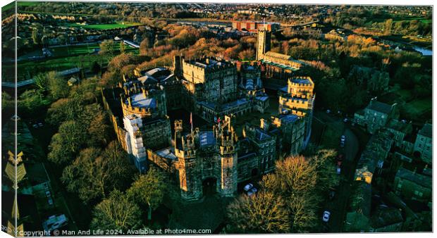 Aerial view of the Lancaster castle surrounded by greenery at sunset, showcasing the architecture and landscape. Canvas Print by Man And Life
