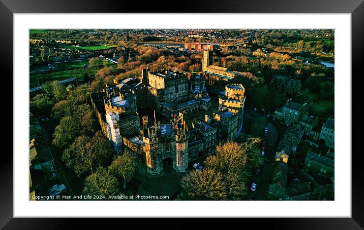 Aerial view of the Lancaster castle surrounded by greenery at sunset, showcasing the architecture and landscape. Framed Mounted Print by Man And Life