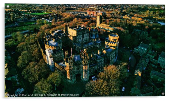 Aerial view of the Lancaster castle surrounded by greenery at sunset, showcasing the architecture and landscape. Acrylic by Man And Life