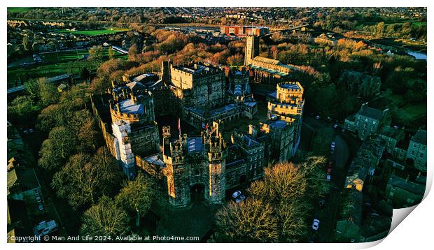Aerial view of the Lancaster castle surrounded by greenery at sunset, showcasing the architecture and landscape. Print by Man And Life