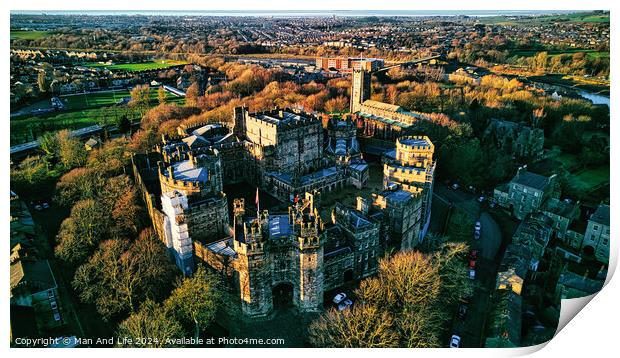 Aerial view of the Lancaster Castle amidst lush trees during sunset, with a panoramic backdrop of a quaint town. Print by Man And Life
