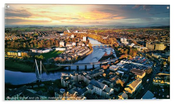 Aerial view of a city Lancaster at sunset with a river, bridges, and warm lighting. Acrylic by Man And Life