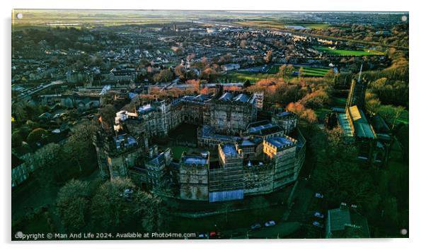 Aerial view of a historic Lancaster castle at sunset with surrounding cityscape and greenery. Acrylic by Man And Life
