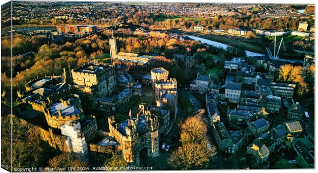 Aerial view of a historic city at sunset with medieval architecture, lush greenery, and a river in Lancaster. Canvas Print by Man And Life