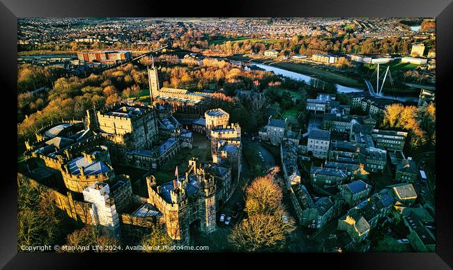 Aerial view of a historic city at sunset with medieval architecture, lush greenery, and a river in Lancaster. Framed Print by Man And Life