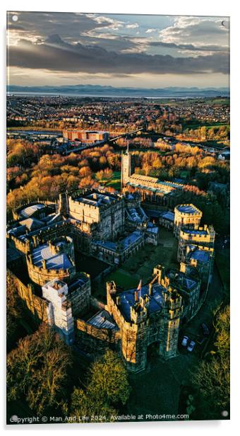 Aerial view of a historic Lancaster castle at sunset with surrounding gardens and distant cityscape. Acrylic by Man And Life