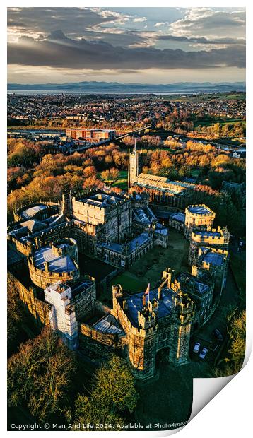 Aerial view of a historic Lancaster castle at sunset with surrounding gardens and distant cityscape. Print by Man And Life