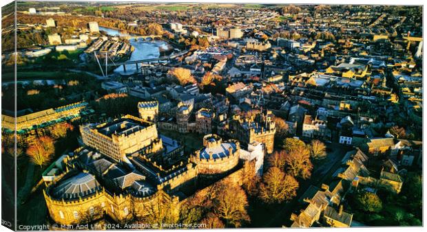 Aerial view of a historic city Lancaster at sunset with prominent castle and urban landscape. Canvas Print by Man And Life