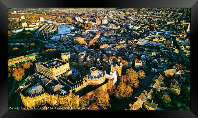 Aerial view of a historic city Lancaster at sunset with prominent castle and urban landscape. Framed Print by Man And Life