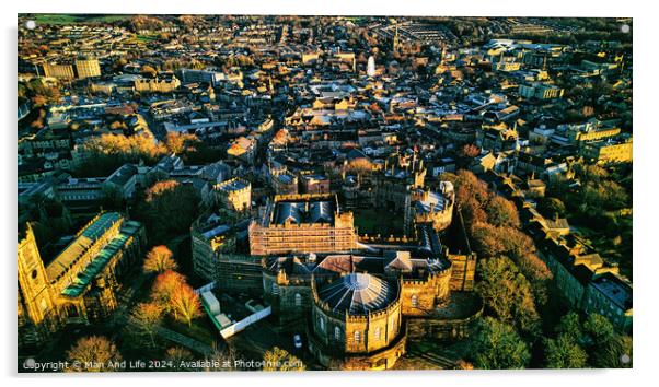 Aerial view of a historic city Lancaster at sunset with warm lighting highlighting architectural details and dense urban landscape. Acrylic by Man And Life