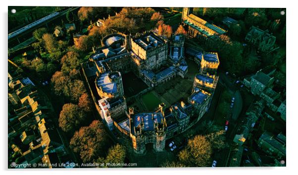 Aerial view of a majestic Lancaster castle surrounded by lush trees during golden hour, showcasing the historic architecture and scenic landscape. Acrylic by Man And Life