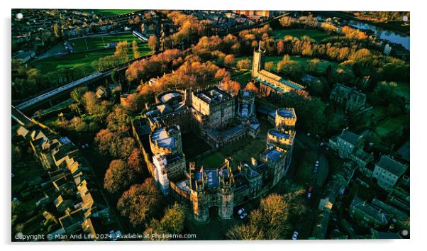 Aerial view of a historic Lancaster castle at sunset with surrounding greenery and roads. Acrylic by Man And Life