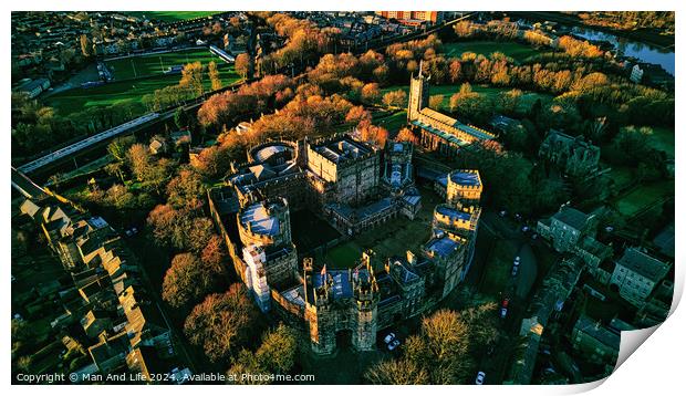 Aerial view of a historic Lancaster castle at sunset with surrounding greenery and roads. Print by Man And Life
