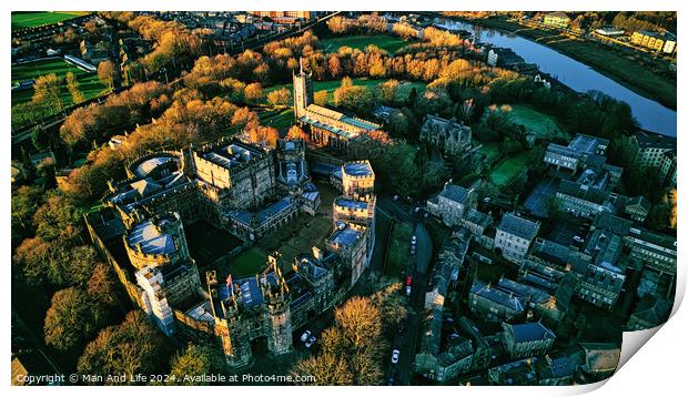 Aerial view of a historic Lancaster castle surrounded by greenery and a river at sunset. Print by Man And Life
