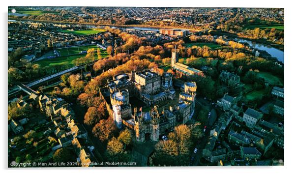 Aerial view of a historic Lancaster castle amidst a lush green landscape with surrounding urban area during golden hour. Acrylic by Man And Life