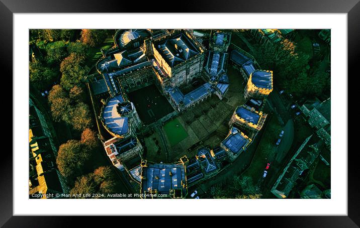 Aerial view of a historic Lancaster castle at sunset with surrounding greenery. Framed Mounted Print by Man And Life