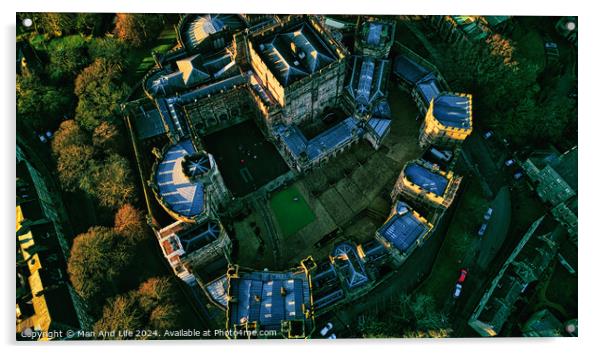 Aerial view of a historic Lancaster castle at sunset with surrounding greenery. Acrylic by Man And Life