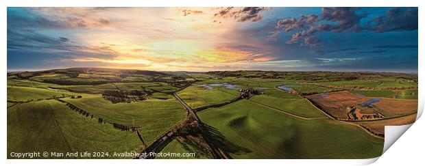 Panoramic view of a lush countryside at sunset with vibrant skies and rolling hills. Print by Man And Life