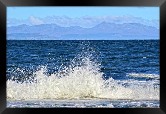 Dunure waves breaking, Arran mountains Framed Print by Allan Durward Photography