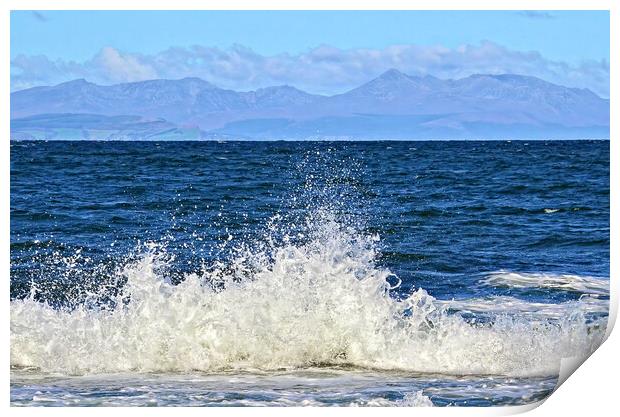 Dunure waves breaking, Arran mountains Print by Allan Durward Photography