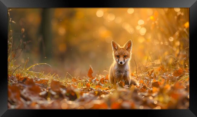 Red Fox Cub in Autumn Woodland Framed Print by T2 