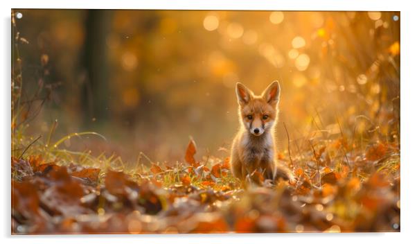 Red Fox Cub in Autumn Woodland Acrylic by T2 