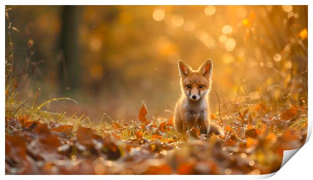 Red Fox Cub in Autumn Woodland Print by T2 