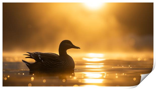 Duck on a pond, gliding into Sunrise Print by T2 