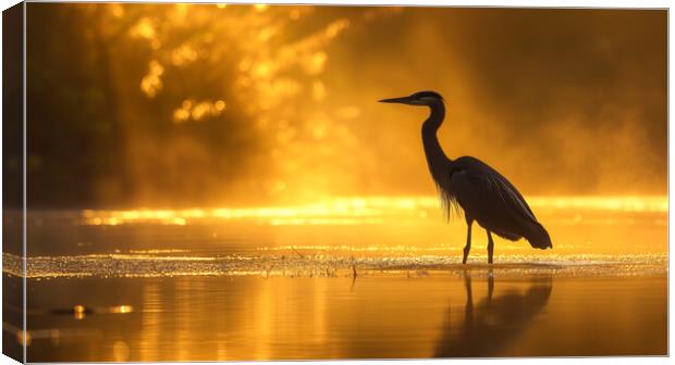 Heron fishing on a golden Lake Canvas Print by T2 