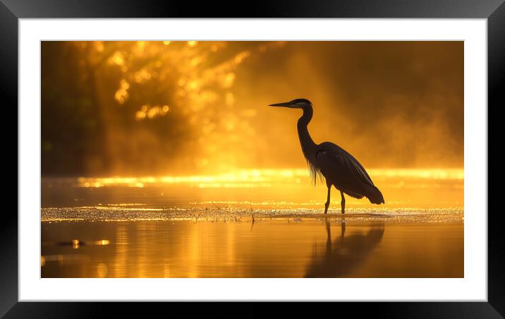 Heron fishing on a golden Lake Framed Mounted Print by T2 
