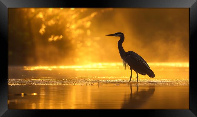 Heron fishing on a golden Lake Framed Print by T2 