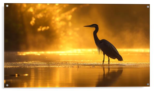 Heron fishing on a golden Lake Acrylic by T2 