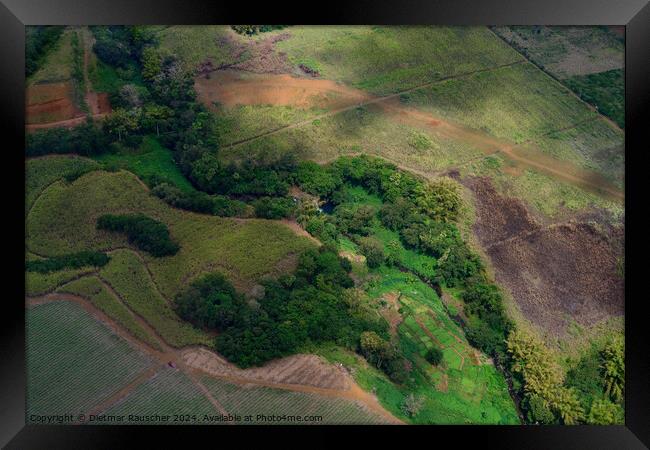 Aerial Landscape with Creek in Mauritius Framed Print by Dietmar Rauscher