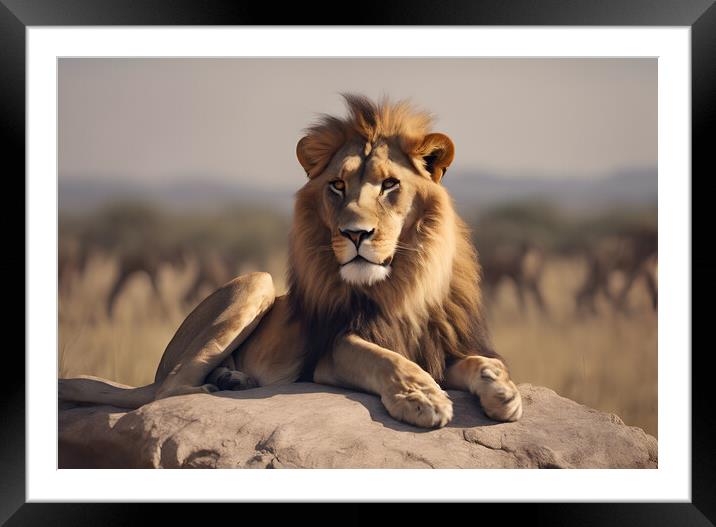 A lion sitting in a field Framed Mounted Print by Picture Wizard