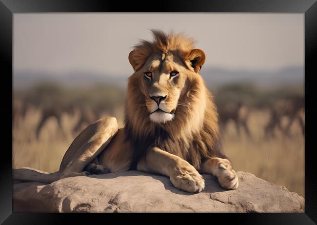 A lion sitting in a field Framed Print by Picture Wizard