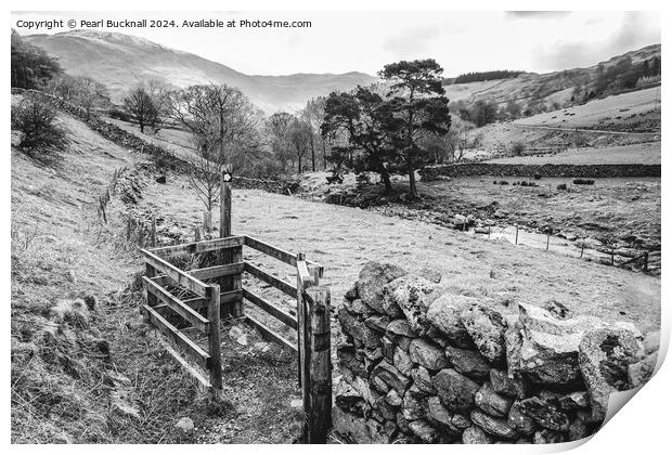 Walking in Lake District Cumbria black and white Print by Pearl Bucknall