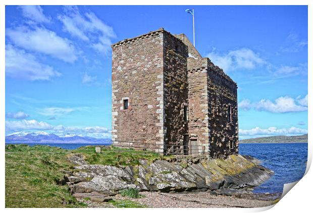 Portencross Castle and snow capped Arran Print by Allan Durward Photography