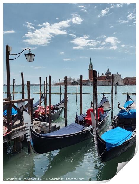 Gondolas on the Venice canal  Print by Les Schofield