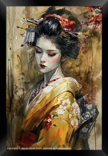 Geisha in Gold Framed Print by Harold Ninek