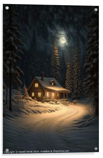 Winter Cabin in the Woods II Acrylic by Harold Ninek