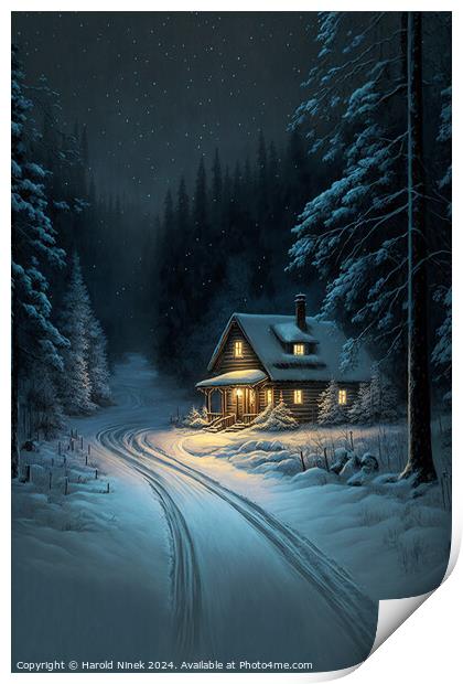 Winter Cabin in the Woods I Print by Harold Ninek