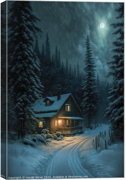 Winter Cabin in the Woods III Canvas Print by Harold Ninek