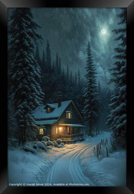 Winter Cabin in the Woods III Framed Print by Harold Ninek