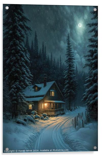Winter Cabin in the Woods III Acrylic by Harold Ninek