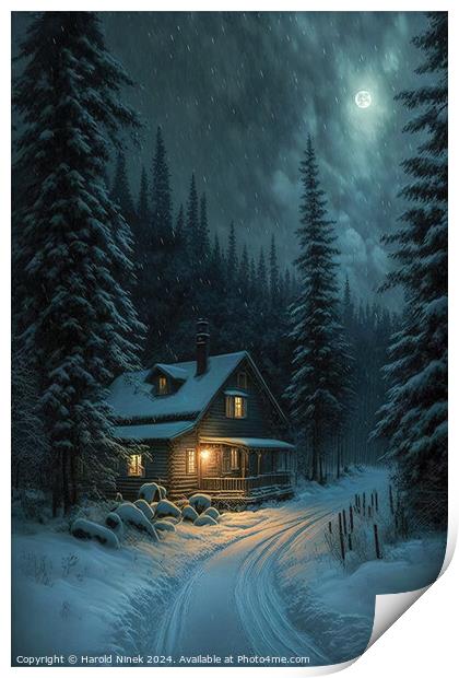 Winter Cabin in the Woods III Print by Harold Ninek
