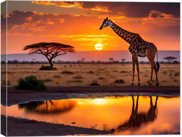 Giraffe At Watering Hole At Sunset Canvas Print by Artificial Adventures